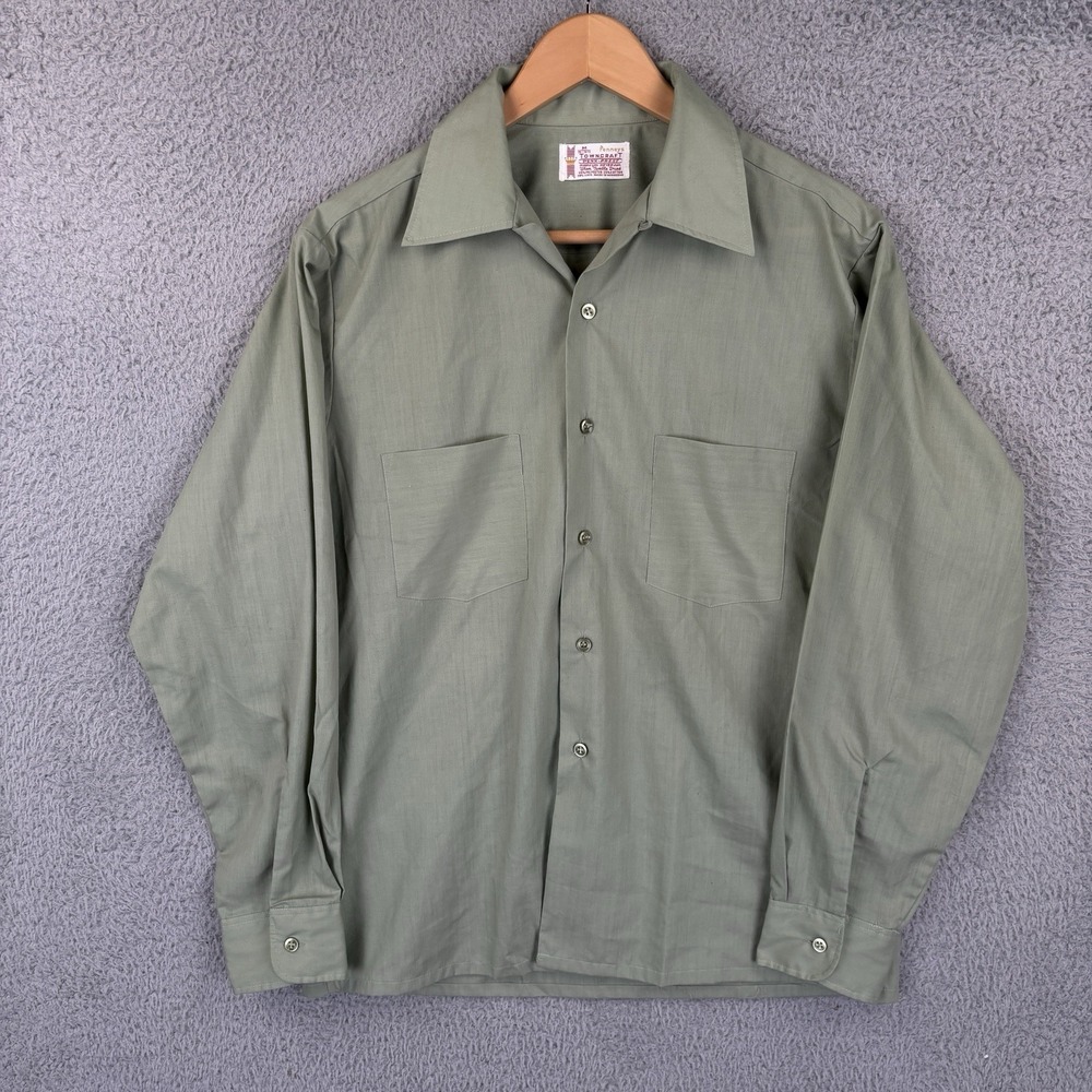 True Vintage Penneys Shirt Mens M Avocado Green Towncraft Penn-Prest Loop Collar